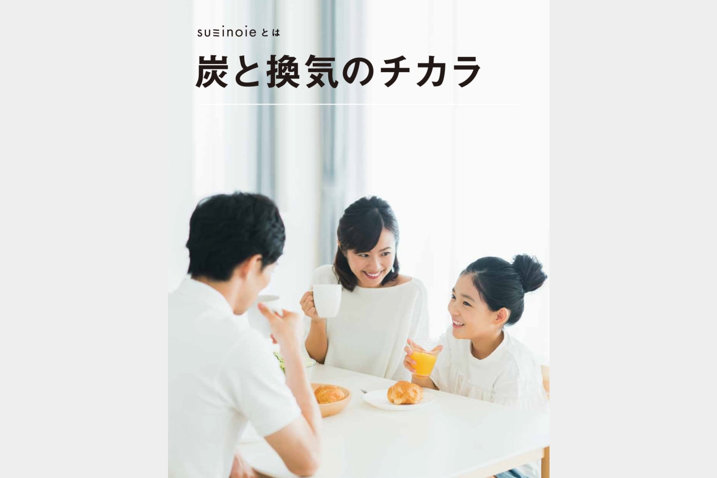 「スミノイエ」は、屋外の空気をファンで強制的に取り入れ、「微小粒子用フィルター」で花粉をはじめとした微小な有害物質をブロック。さらに「炭」を床下に敷き詰め、そこに空気を通すという二重の対策を行うことでしっかりガード。そのため、1日中クリーンな空気を各部屋に供給できます。