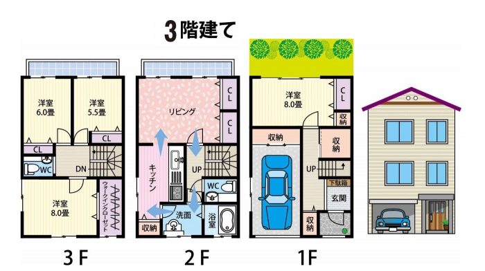 1階はビルトインガレージとし、洋室や収納スペースに。そして機能性抜群の2階の間取り、ゆっくり休める3階など、土地の面積が少ない場所では大変参考になるプランといえるでしょう。札幌近郊エリアではとても参考になりそうです