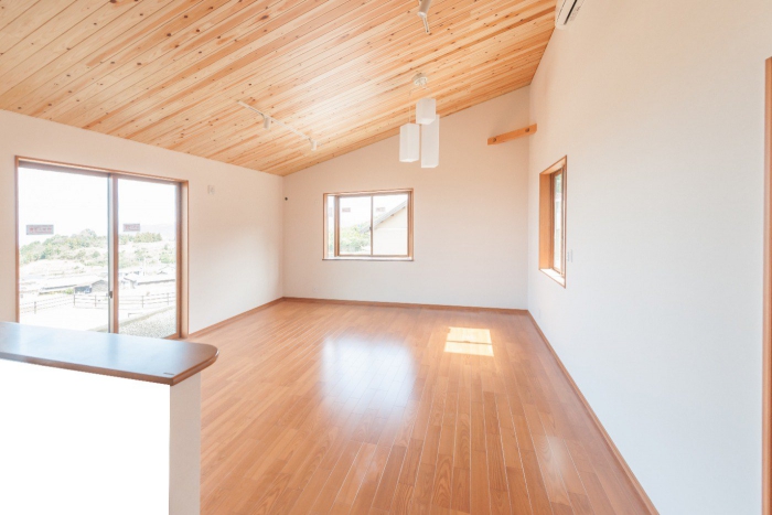 平屋の室内は天井が高いので開放的な空間となります。片流れ屋根を採用した屋根なりの天井には無垢材を貼り、豊かに暮らせそうなステキな住まいとなっています。ここにもうひと部屋あって、ロフトもあれば、十分ゆとりのある暮らしができそう